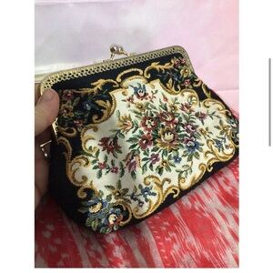 Vintage Mid Century Tapestry Evening Bag Kiss Lock Ornate Design